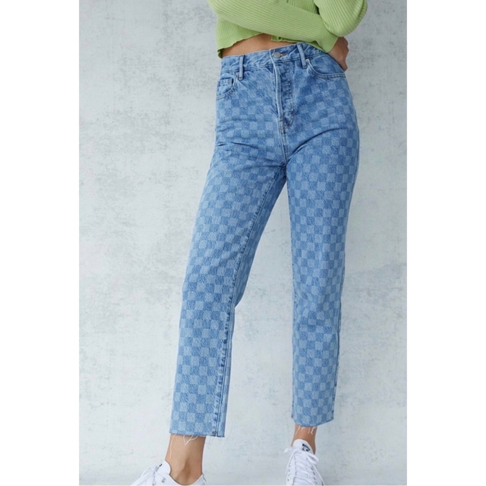 PacSun Blue Checkered High Rise Straight Jeans Women 24 Raw Hem Denim